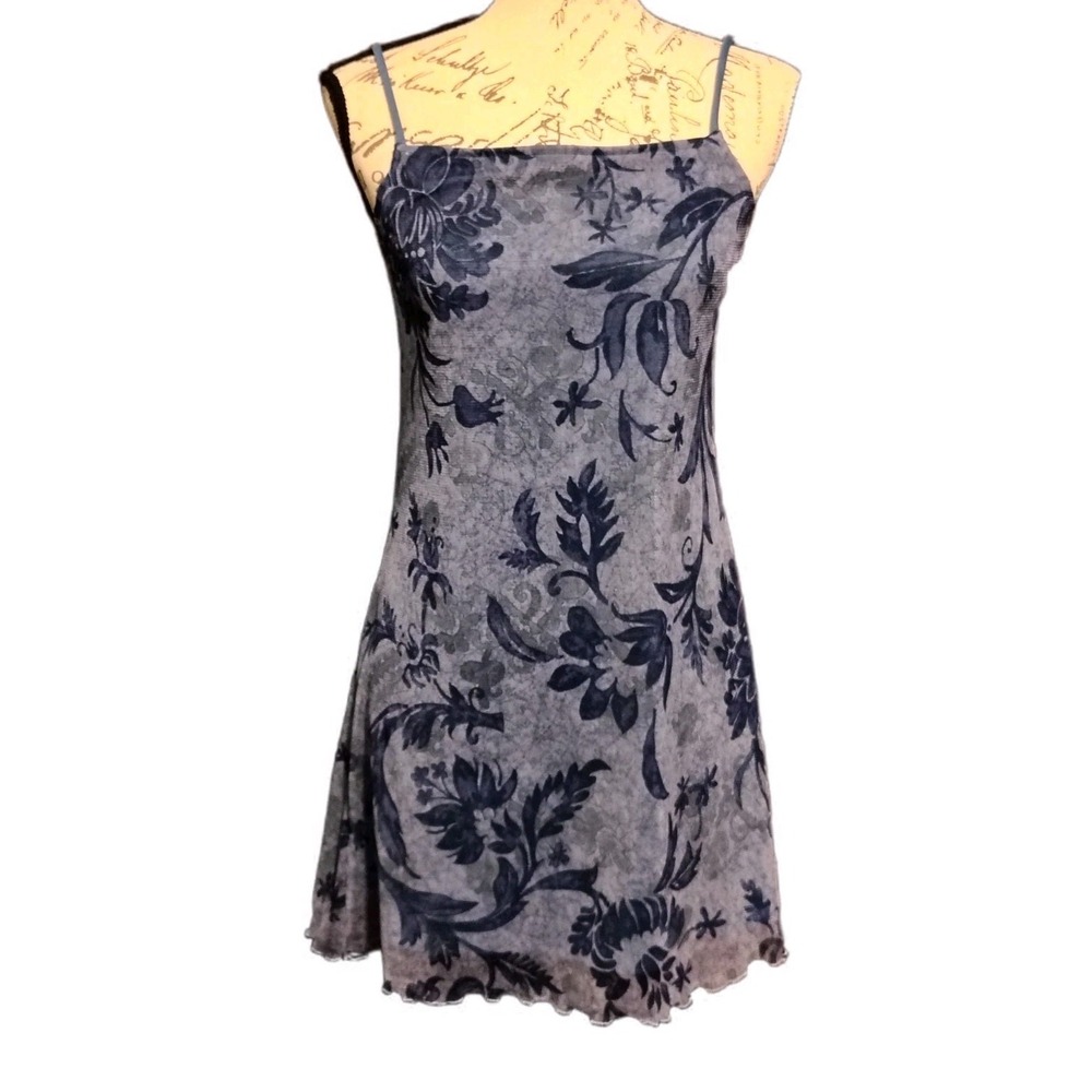 Vtg 90s Hana Womens Blue Floral Hawaiian Mini Slip Dress M Dark Fairy Grunge